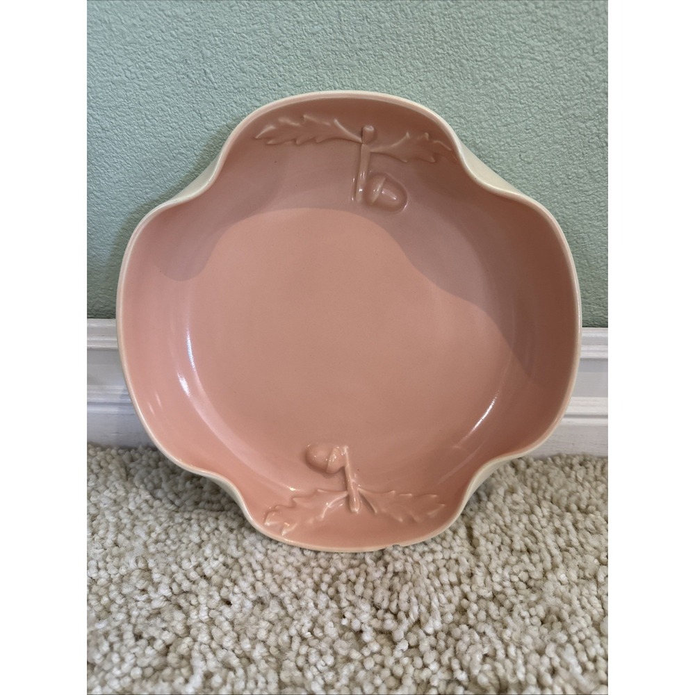 Vtg California Caliente Pottery Pink & White Bowl Dish 10" 3-D Acorn Design